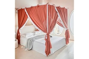 AIKASY Princess Canopy Bed Curtains with Top Ties - Windproof & Lightproof for Girls' Adult Bedroom Decor | Bed Canopy Drapes (King,Bean Paste)