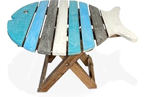 Thorness Small WOODEN FOLDING FISH shaped SIDE TABLE with distressed finish | Blue and Whitewash wood Colours | bring a simple seaside feel to any room or would fit into a nautical themed room