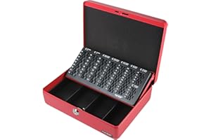 HMF 10015-03 Cassetta Portavalori con serratura, Cassetta porta soldi con Vassoio Porta Monete e Banconote | 30 x 24 x 9 cm | Rosso