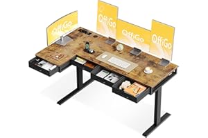 OffiGo Biurko z Regulacją Wysokości, 160x80 cm Elektryczne biurko z 4 szufladami, Duży Stół Narożny z Gniazdkiem, Standing Desk Litery L stojące i Schowkiem do Biura i Gabinetu, Brązowe Rustykalne