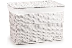 woodluv Full Steamed Willow Wicker Storage Basket Trunk Chest Hamper with Lidded Cloth Lining, Home Storage Solution for Laundry, Toys, Blankets, and More, Large, White