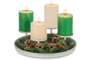 Sziqiqi biały metalowy wieniec adwentowy: okrągła dekoracyjna miska z uchwytami na 4 krótkie świece - styl vintage do dekoracji stołu na Boże Narodzenie