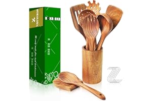 BOKALAKA Holzlöffel zum Kochen, Holz-Kochutensilien, 9-teiliges Küchenutensilien-Set, Holzutensilien zum Kochen, 100% natürliches Teakholz, Holzspatel zum Kochen