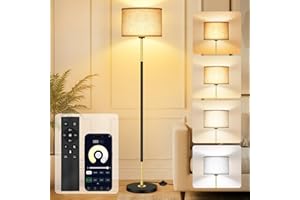 OUTON Modern Floor Lamp with Remote & APP Control, Dimmable & 3000K-6500K Adjustable Color Temperature, Memory function, Standing Lamp with Linen Shade for Living room, Bedroom, Office(Black and Gold)