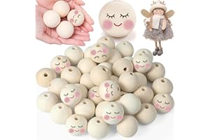 Yueser Perlina in legno, 30 perline con viso 30 mm sorridenti, perle naturali rotonde con foro fai da te per portachiavi e bracciali