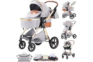 BEBBY Kombikinderwagen 3 in 1 Reisesysteme Standardkinderwagen Kinderwagen Buggy Neugeborener Tragbarer Reisewagen Faltbarer Aluminium Kinderwagen High Landscape Kinderwagen (Lightgrey-6)