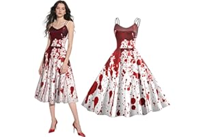 QOTTMEZ Halloween Kostüm Damen – Blutiges Kleid mit Blutspritzer Aufdruck, Ärmelloses Zombie Brautkleid für Horror Party, Gruseliges Gothic Cosplay Karnevalskleid