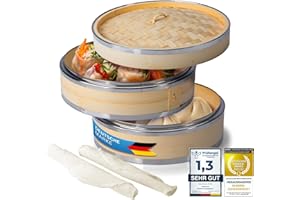Dimono® Dampfgarer Bambus mit Edelstahl, 2 Etagen Bambus-Dämpfer mit Deckel, Dampfkorb Reiskocher für Sim Sum Dumplings, Gemüse, Reis, Fleisch und Fisch (Ø 24 cm)