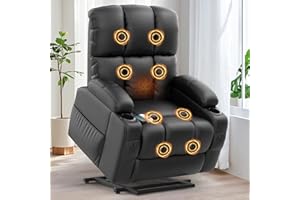 Srfzluxy Lift Chair for elderly, Recliner Armchair with Massage and Back Heating, Extended Footrest, Reclining Sofa Chairs with Type C+USB, 2 Cup Holders & 4 Sides Pockets (Pu Black)