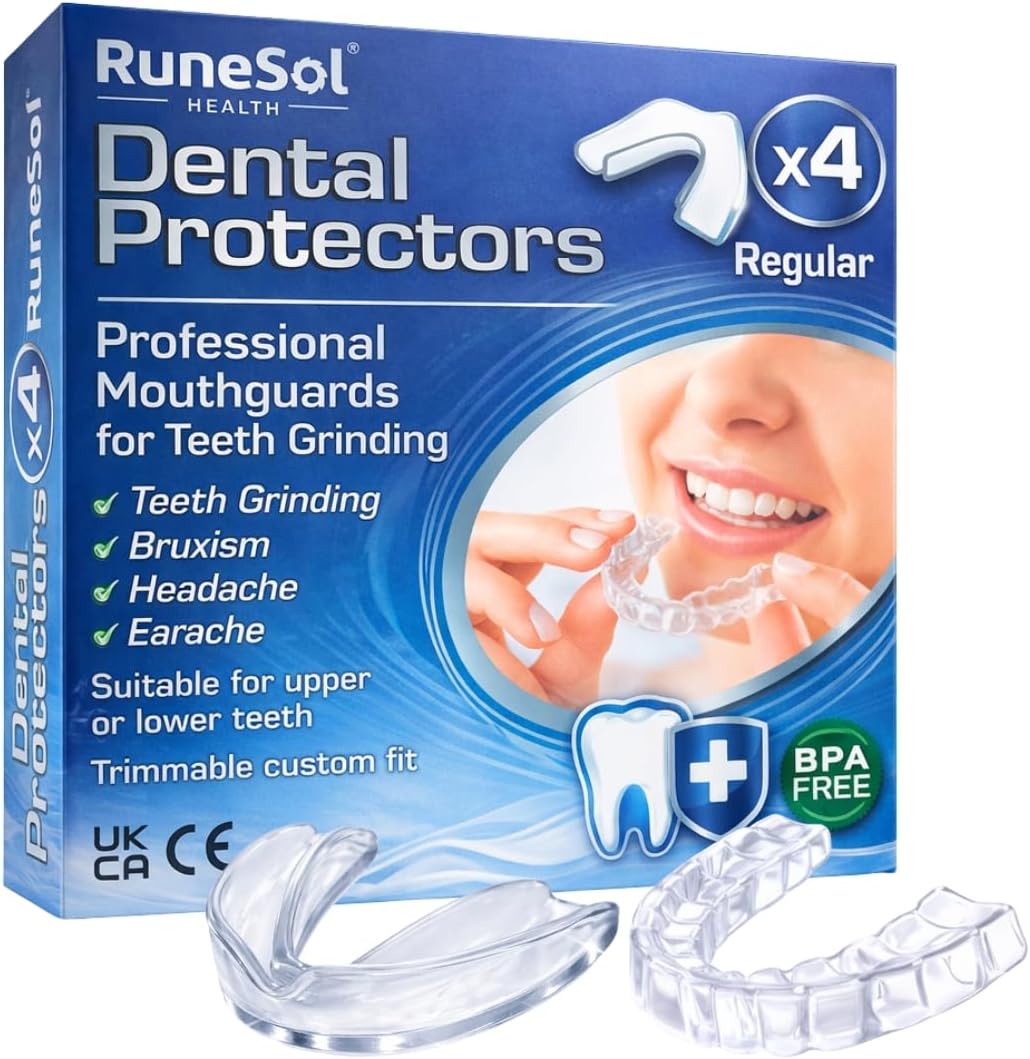Runesol ferula descarga bruxismo, 4 x Normal, ferula dental bruxismo, protector bucal para dormir, ferulas de descarga para bruxismo, ferula dental noche, funda dientes, felulas Bucales dentales