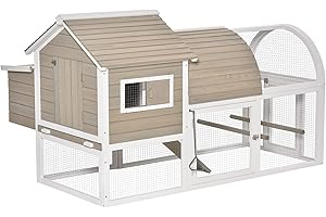 Pawhut Gallinero Exterior de Madera de Abeto Jaula para Gallinas Pollos con Zona Abierta Ponedero Barras Bandeja Extraíble y Rampa 167,5 x 109 x 100 cm Color Natural y Blanco
