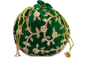 GULAAL ART Indian Handmade Flower Embroidered Olive green Cotton Potli Bag Clutch Purse Pouch Drawstring Bag For Women's Wedding Gift