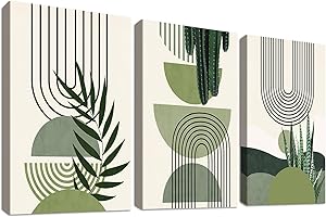 HALFLEMART 3 Pcs Wooden Framed Canvas Wall Art Set Bohemian Sage Green Canvas Prints Poster Geometric Line Beige Green Pictures for Living Room Bedroom Dinning Room Hallway Stairs Wall Decor 30x40cm x3pcs