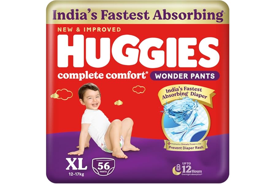 Huggies Complete Comfort Wonder Pants | Pant Style Baby Diapers Extra Large Size (XL), 56 Count | India's Fastest Absorbing Diaper, Prevents Diaper Ra