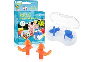 Hearprotek Bouchons d'oreille pour la Natation, 2 Paires Bouchons d'oreille Réutilisables et Imperméables Protection Auditive Enfant pour Natation,et Autres Sports Nautiques Bleu & Orange