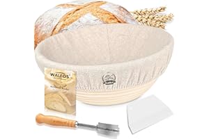 Walfos Round Banneton Proofing Basket Se t9"/23cm - French Style Sourdough Bread Basket, 100% Natural Rattan - Hand Crafted Bread Lame, Linen Cloth Liner & Dough Scraper Included, Professional Bakers