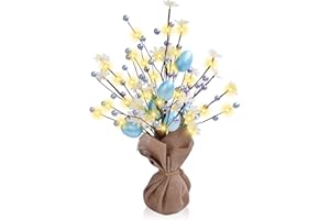 Beinhome wielkanocne drzewko z oświetleniem, 45 cm, dekoracja stołu z delikatnymi ornamentami, jajkami, sztucznymi kwiatami, perłami, na imprezę wielkanocną, dekoracja domu