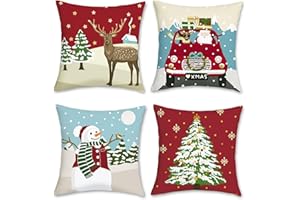 Bonhause Funda de Cojín Navidad Invierno Reno 45x45cm Funda de Almohada Árbol de Navidad Monigote de Nieve Camión Terciopelo Suave Cojines Navideños Decorativos para Sofá Navideña Juego de 4