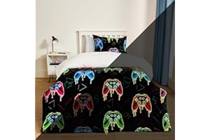 OHS Single Bedding Sets for Boys, Ultra Soft Warm Gaming Glow In The Dark Kids Bedding Luxurious Comfy Quilt Boys Single Duvet Cover Set with Pillowcase, Black