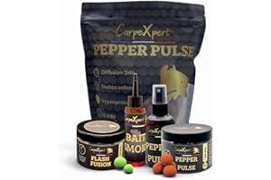 CarpeXpert - Gamme Pepper Pulse & Flash Fusion - Bouillette 20mm + 2X Pop-Up + Bait-Spray + Bait Smoke - Toutes Saisons - Boosté & Hyperprotéiné - Amorce - Anti-Capot……