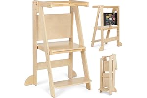 KIDINIX Foldable Learning Tower, Height Adjustable Toddler Step Ladder with Safety Rails, Wooden Kitchen Tower with Blackboard for Kids 1-6 Years, Safety Design and Space saving, Nature Light Oak