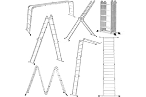 LARS360 7-in-1 Multi-Purpose Ladder, 580 cm, Aluminium, 4 x 5 Steps, Folding, Joint, Household Ladder with Platform and Wheels, Stepladder, Maximum