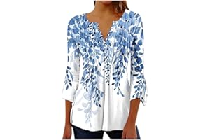 NUSGEAR Camiseta Manga Corta Mujer Verano 2023 Moda Impresión Camisa 3/4 Manga Blusa Cuello en V Botones Plisada Camiseta Elegant Suelto Tops Casual Fiesta Cómodo T-Shirt Original tee Playa