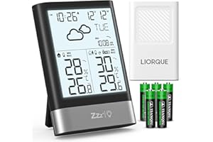 LIORQUE Station Météo Sans Fil avec Capteur, Thermomètre Hygromètre Baromètre Intérieure Extérieure Température Prévisions Météorologiques, LCD Ecran Rétro éclairage Horloge Numérique Alarme Snooze