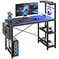 Bestier Computer Desk with Shelves Small Corner Desk with LED Lighting 113CM Reversible Computer Desk Writing Table with Side Pocket Storage Bag & Accessories Hanger for Home Office Small Space
