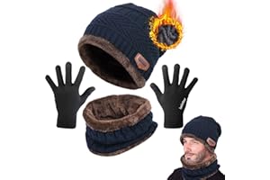 CheChury Homme Bonnet Tricoté Écharpe Gants d'hiver Tour De Cou avec Double Polaire Chaud Écharpe et Chapeau pour Homme et Femme, 3 Pièces