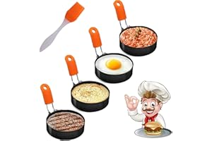 Cozii 4 Pack Stainless Steel Egg Ring Molds with Anti-scald Handle and Oil Brush Non Stick Circles for Fried Egg McMuffin Sandwiches, Frying, Breakfast Household Kitchen Cooking Tool Omelette
