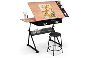 COSTWAY Stół kreślarski z taboretem, stół architekta z regulacją wysokości, biurko z uchylnym blatem, biurko dla ucznia z 2 szufladami, stół roboczy dla architekta i artysty (naturalny)