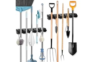 Vuxava 2 Stück Besenhalterung Wand, Mit 10 Nuten, 12 Haken – Gerätehalter für Gartengeräte & Garage – Wandhalterung für Besen, Schaufel, Werkzeug – Gartengerätehalter für Garten & Haushalt