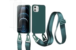vrupin kompatibel mit iPhone 12 Mini Handykette Hülle,[2 Stück Schutzfolie 9H Härte Gehärtete Folie].Necklace Hülle Nylon Schultergurt Weich Flüssiges Silikon-Dunkelgrün