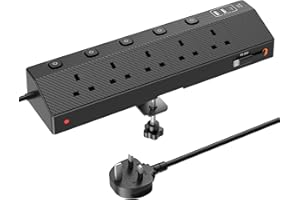 Desk Extension Lead 1.8M, STGAROT PD 30W Power Strip with Retractable USB C Cable, 5 Way Power Socket with 3 USB C Port, 2 USB A Port, Desktop Plug Socket with Removable Clamp for Office Accessories