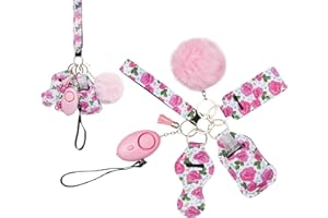 REZIME Keyring Keychain Set for Women Girls with Personal Alarm, Lipstick Holder, Travel Bottle, Bottle Holder, Pom Pom, Tassel and Wristlet, Alarm with Flashlight (Pink)