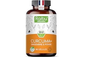 Curcuma gingembre poivre noir 1500mg, 180 gélules de curcumine bio - curcuma bio gelule anti inflammatoire, bien-être articulaire, santé du foie, immunité - testé en laboratoire, Raibu
