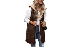 Tuopuda Gilet Donna Lungo in Pile, Smanicato Invernale con Cappuccio, Cappotto Senza Maniche Termico Giubbotto Imbottito Giacca con Cerniera e Tasche