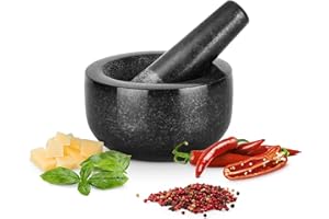 Gourmeo Mortier Pilon Cuisine - Accessoire Cuisine en Granite de 12 cm de Diamètre pour Broyage des Épices Guacamole Pesto Noix Mojito - Mortier et Pilon Concasseur a Grain Noir