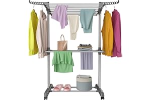 Innotic Etendoir Linge Intérieur et Extérieur, 3 Niveaux Séchoir à Linge Pliable Peu Encombrant, Seche Linge Etendoir avec Roues, Acier Inoxydable Tancarville Linge Solide, 148cm, Gris