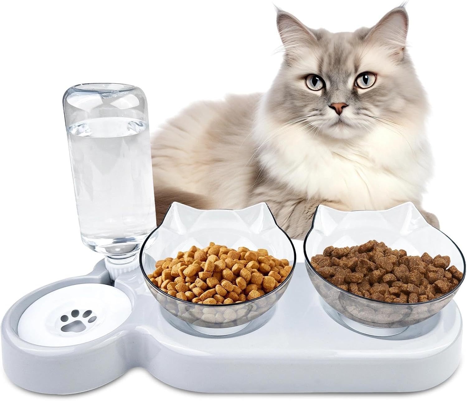 Comzantor 3 en 1 Comedero Gato, 15°Inclinación Comederos Gatos, Ajustable Comedero y Bebedero Gatos, Cuenco para Gatos Doble con Bebedero, para Gatos y Perros Pequeños y Animales Pequeños(Gris)