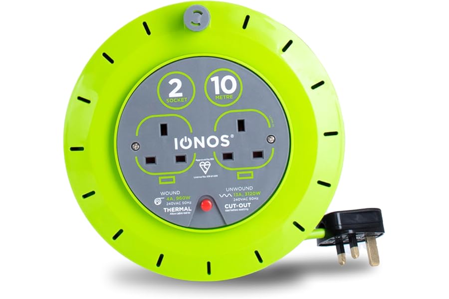 IONOS 2 Socket Cable Reel, 10m, Green Extension Lead, 13A with Thermal Cut Out, Heavy Duty Outdoor Extension Lead (ION13A10MCR6)
