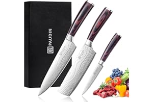 PAUDIN Couteau Cuisine Professionnel, Ensembles de Couteaux de Chef 20cm, Couteau de Cuisine 17cm, Couteau Japonais 13cm, Acier Inoxydable Allemand, Manche en Bois, pour Cuisine, Restaurant