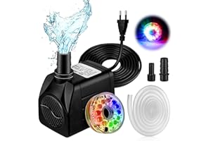 Pompe Aquarium, Mini Pompe a Eau avec 12 Lumière LED, 1,6 m de Haut, un Tube à Eau de 1,6 m, 15W 800L / H Acemall Pompe Eau Submersible pour Aquarium, Bassin, Fontaine, Statues