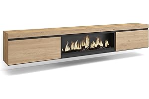 Skraut Home | Mueble TV | Televisión | Muebles de salón, almacenaje | 267x45x35 cm | para TV Gran Formato | Chimenea eléctrica XXL | Colgado, Suspendido | Estilo Moderno | Roble