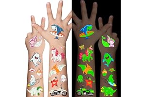 Awinmay Leuchtende Tattoo Kinder - 310 Stück Glühende Gemischte Stile Temporäre Tattoos Jungen Mädchen,Schmetterlinge Dino Meerjungfrau Fake Tattoo Aufkleber, Partygeschenke Kindergeburtstag Geschenke