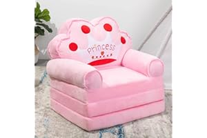 BYBYME Kids Fold Out Chair Bed - Foldable Toddler Chair Lounger for 1-3 Year Old Children - Cute Folding Sofa Bed Couch Armchair for Playroom Bedroom (Princess Crown)