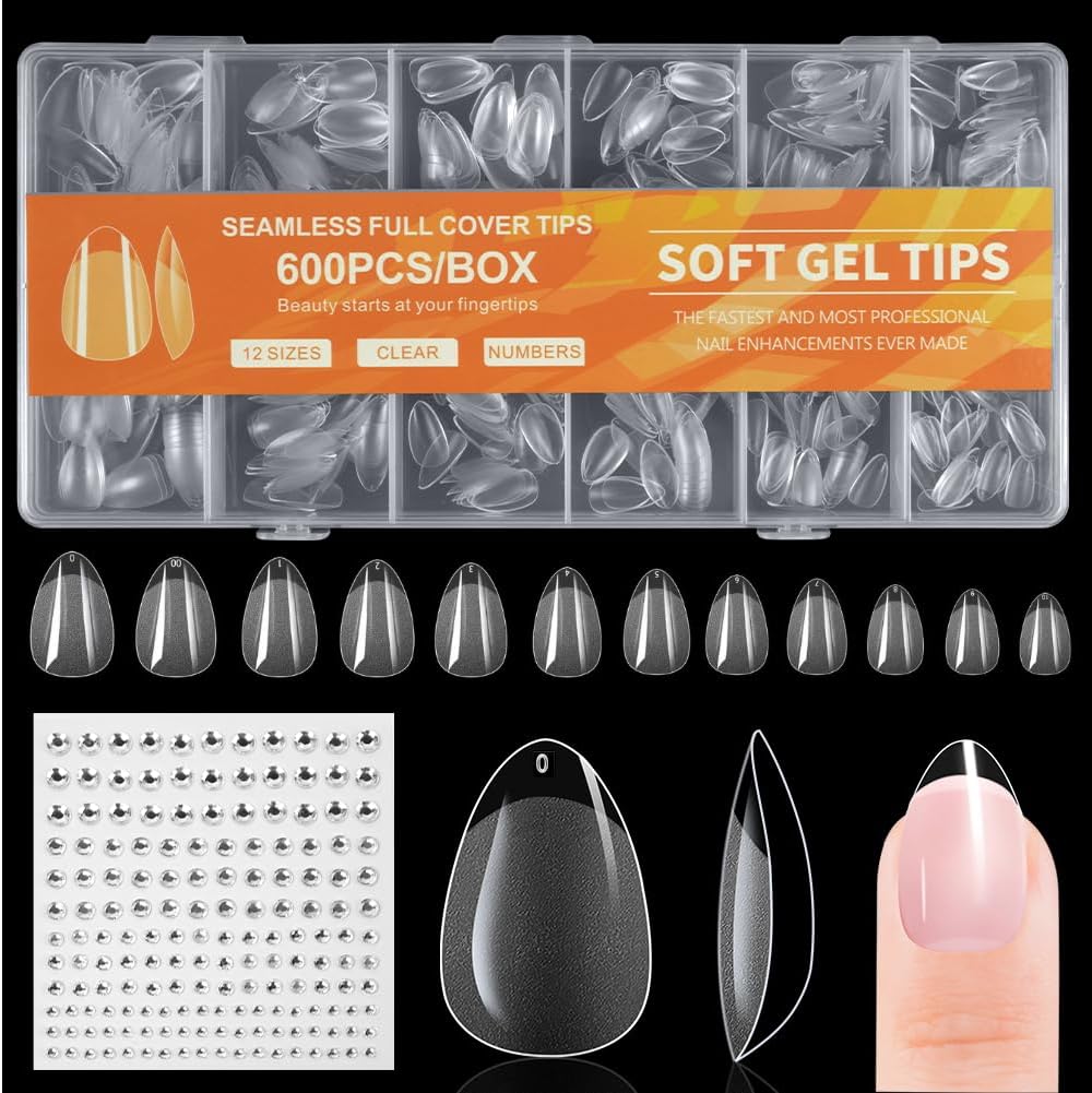 BUTBU nail art américain，12 Tailles， Faux Ongles Gel Couverture Complète，pour Prothésiste Ongulaire, Débutant De Manucure et DIY Nail Art à La Maison-600 PCS*Forme d'amande semi-givrée
