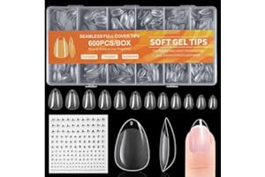 BUTBU 600 Piezas Uñas Postizas Almendra, 12 Tamaños Tips Uñas Transparentes, Tips Uñas Cortas, Uñas de Gel Nail Tips Cobertura Total para Salones Uñas, Manicuras DIY
