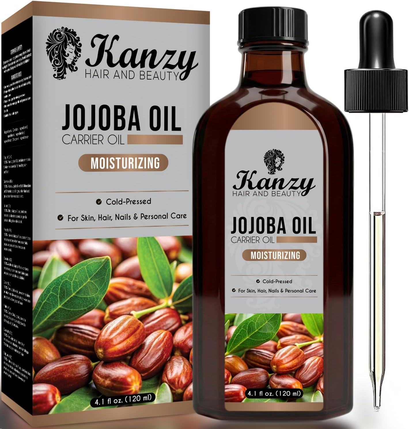 Kanzy Huile de Jojoba Pressee a Froid 120ml pour Visage, Corps, Cheveux, Ongles, et Peau 100% Pure et Naturelle Jojoba Oil Naturelle Hydratante pour Peau